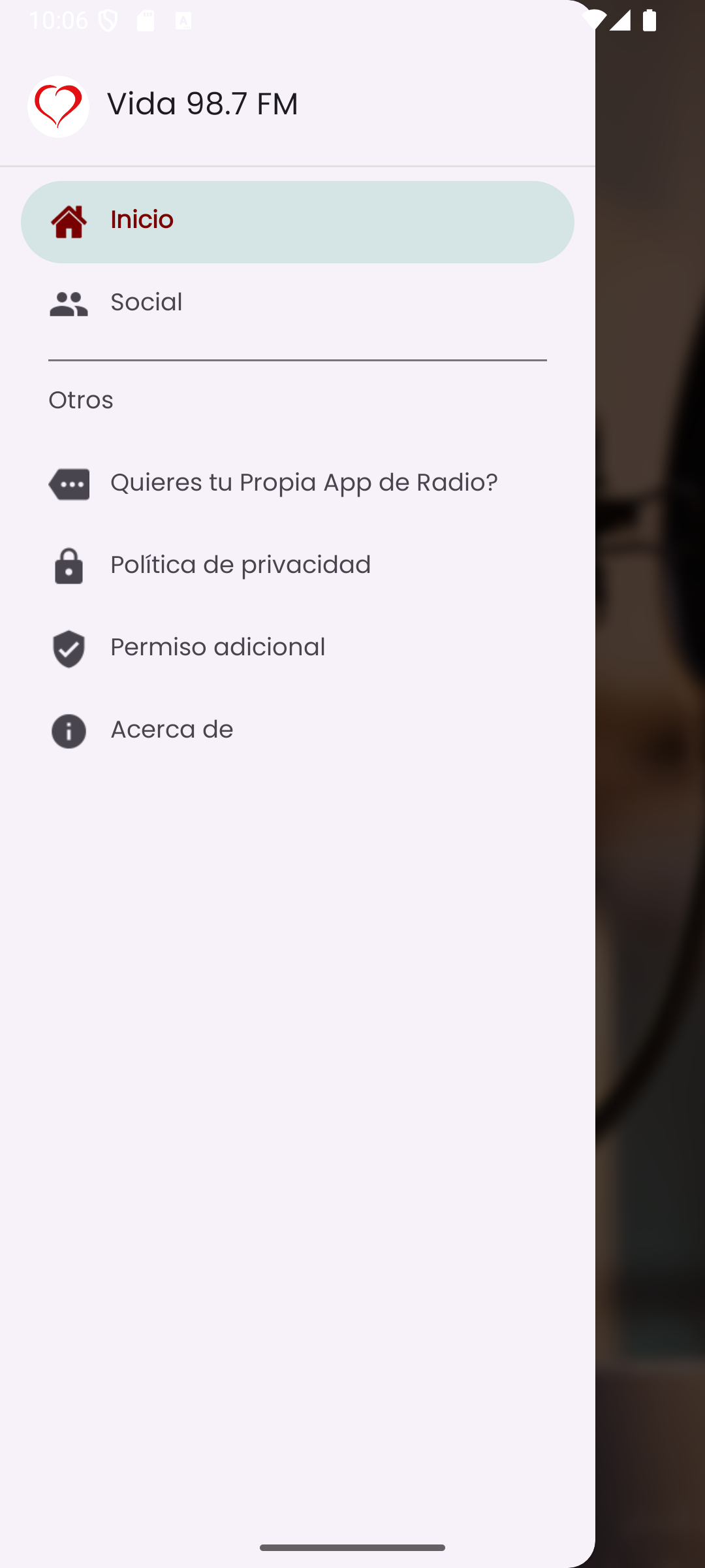 Pantalla con menu de opciones de VIDA 98.7 FM